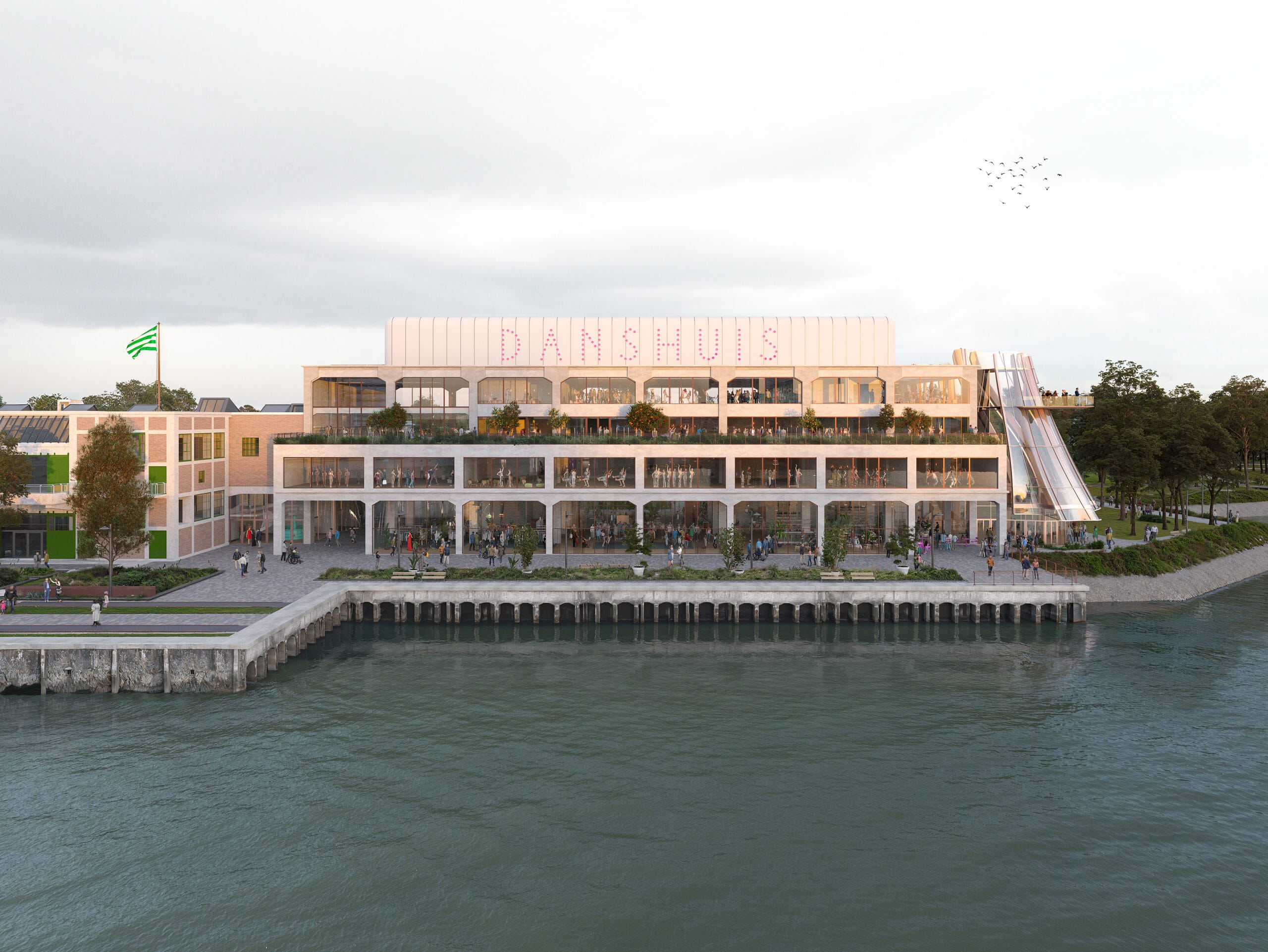 Artistieke impressie van het Danshuis aan de kade met grote glazen raampartijen, dansstudio's en een dakterras, Ontwerp Danshuis Rotterdam door Ma Yansong/MAD Architects
