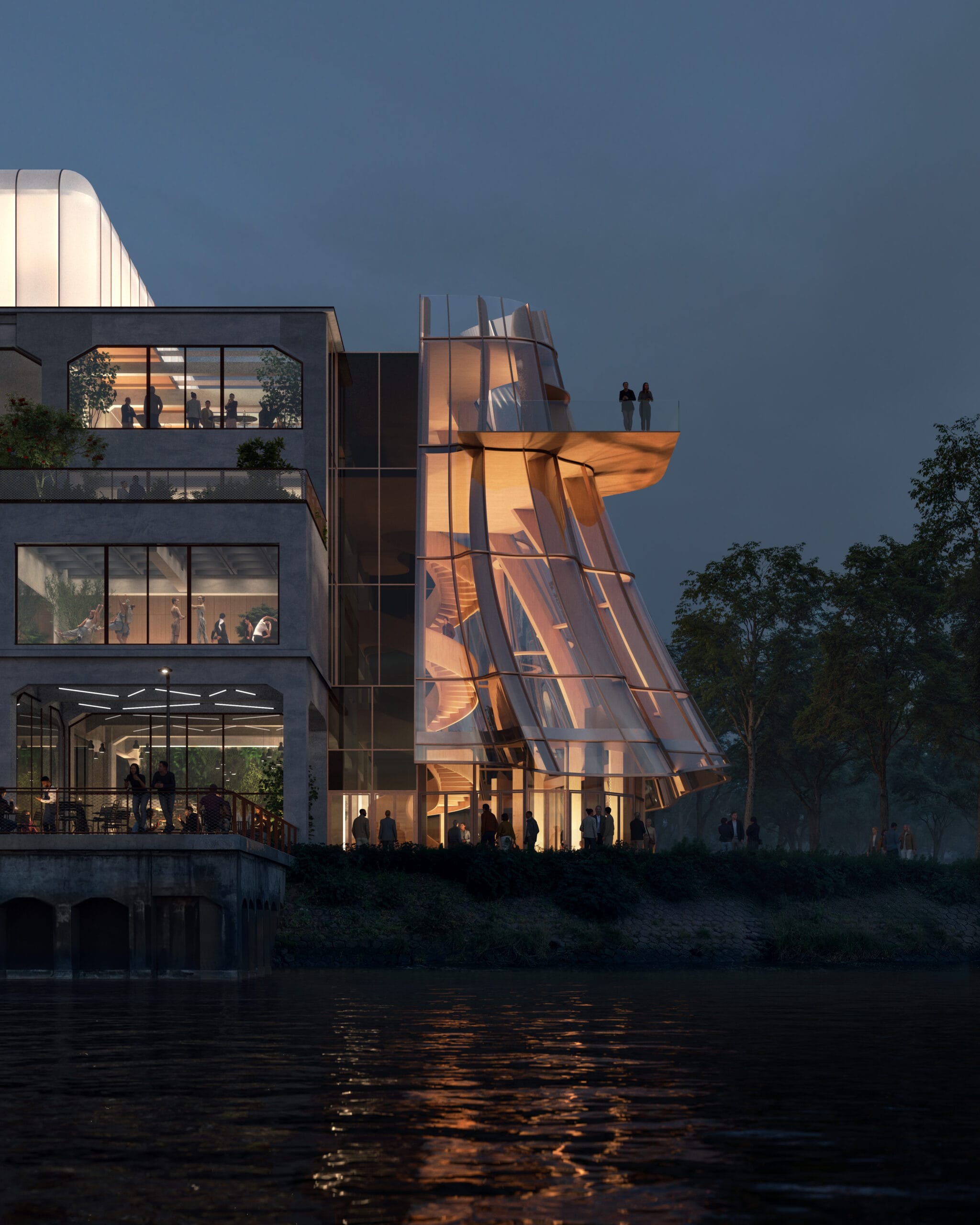 Verlicht modern gebouw aan het water met een sculpturale houten en glazen trappentoren bij schemering, Ontwerp Danshuis Rotterdam door Ma Yansong/MAD Architects