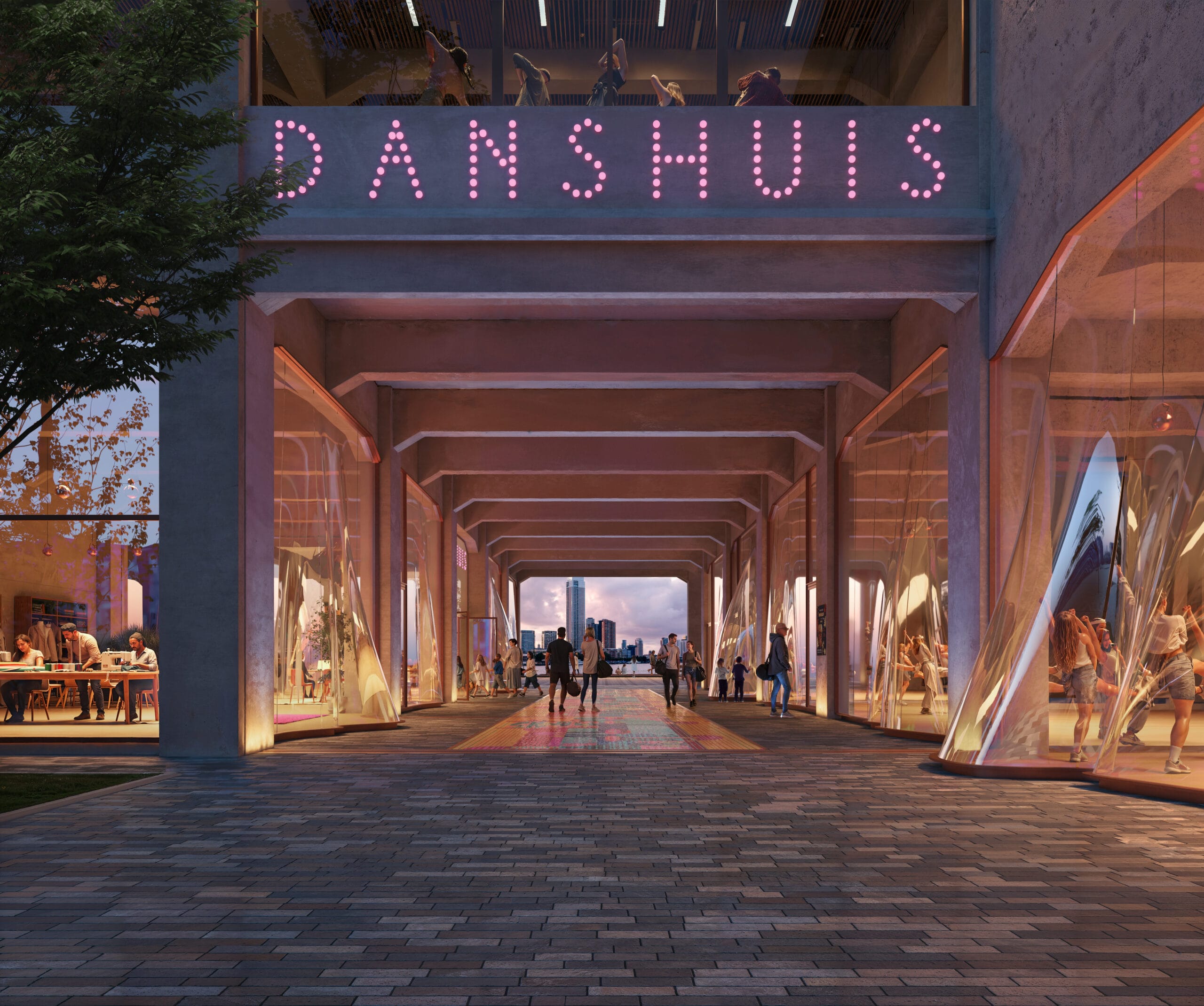 Verlichte doorgang van het Danshuis met glazen dansstudio's aan weerszijden en uitzicht op de skyline, Ontwerp Danshuis Rotterdam door Ma Yansong/MAD Architects