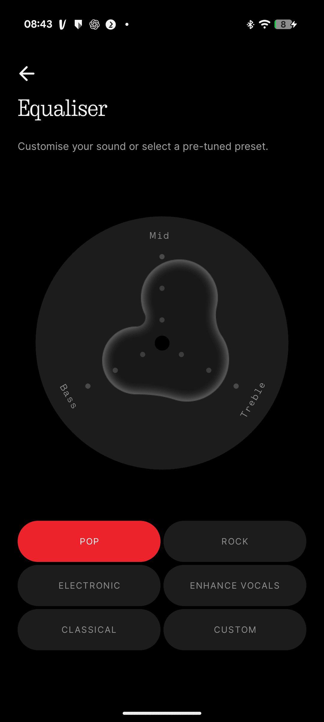 Equaliser-scherm in de Nothing X-app met de Pop-voorinstelling geselecteerd en instellingen voor Bass, Mid en Treble