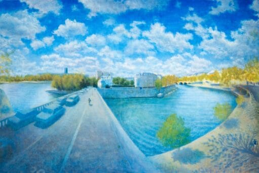 Schilderij in vogelvluchtperspectief van de Seine in Parijs onder een helderblauwe lucht met witte wolken