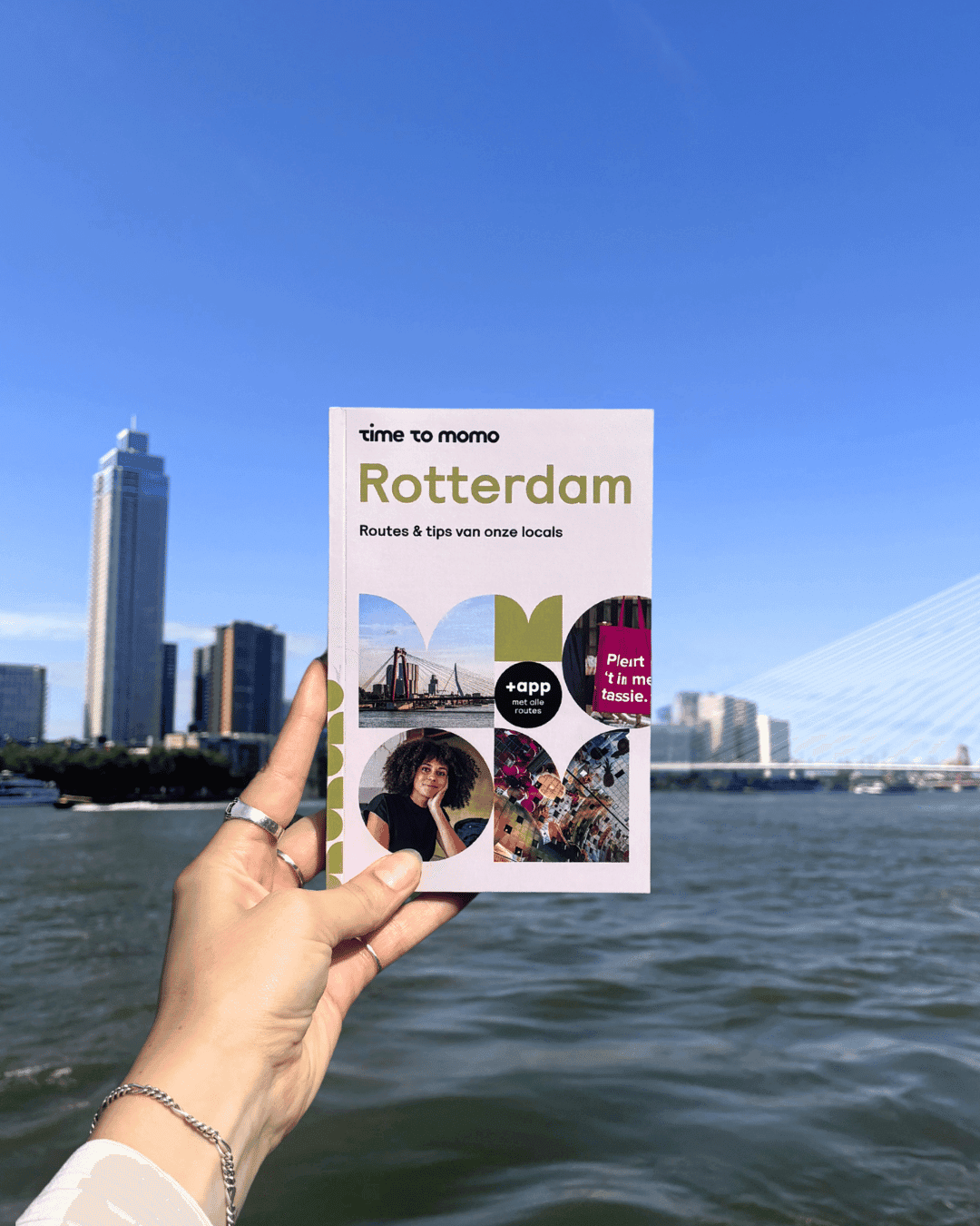 Time to Momo-reisgids van Rotterdam vastgehouden voor de skyline van Rotterdam en de Erasmusbrug