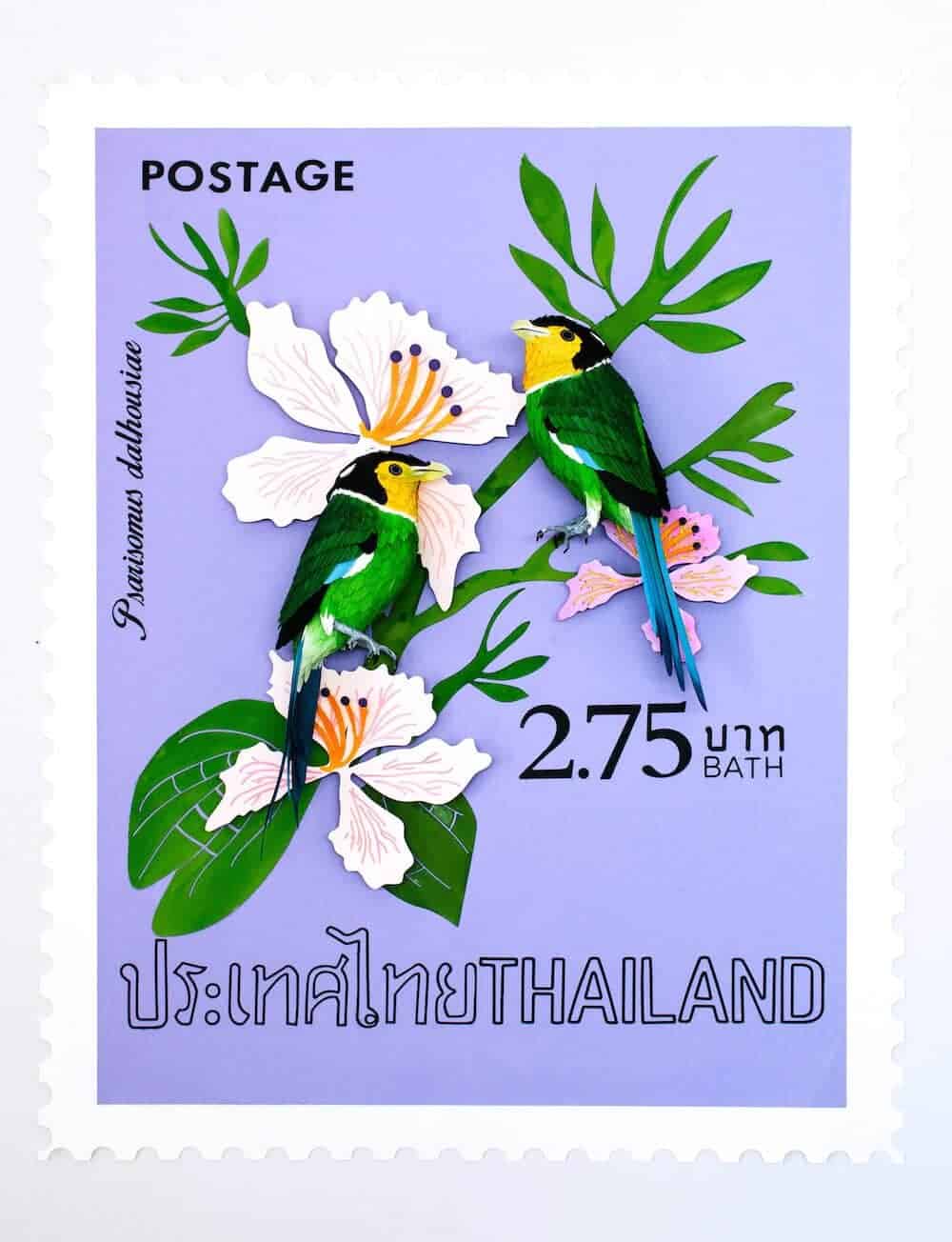postzegel met papieren vogels
