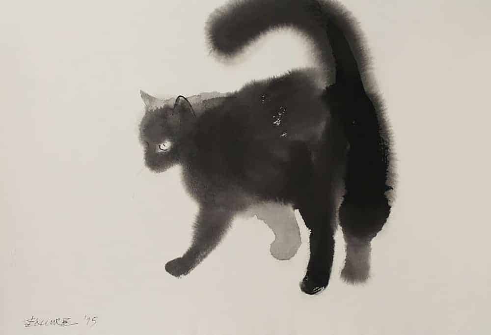 Zwarte kat van inkt en waterverf